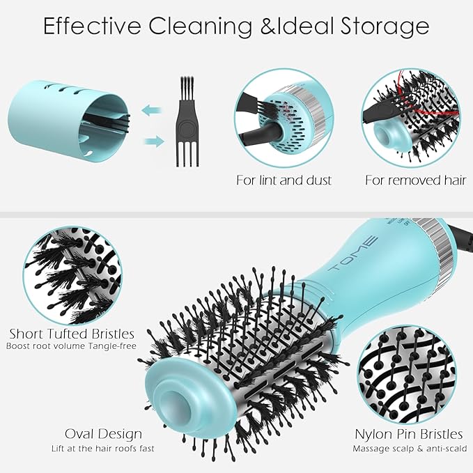 Tome Travel Hair Dryer Brush, Dual Voltage Blow Dryer Brush, Mini Hot Air Portable 2 inch Travel Hair Dryer Styler Volumizer Oval Shape (Blue)
