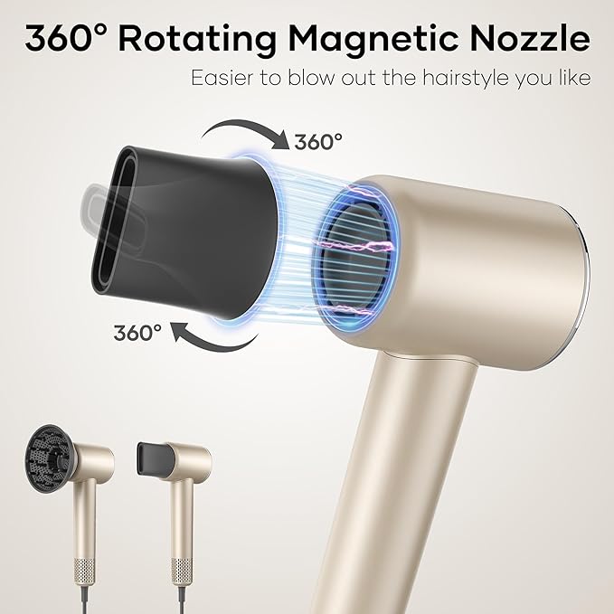 Professional Hair Dryer, 200 Million Negative Ionic Blow Dryer with 110000 RPM Brushless Motor, 1500W High-Speed HairDryer with Magnetic Nozzle & Diffuser for Salon, Home, Travel (Fortune Gold)