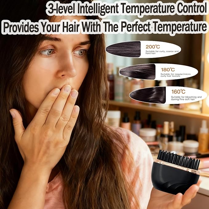Glam brushs Mini Hair Straightener,3-Speed Temperature Control, Portable Electric Hair Straightener Brush 30s Heating,Rapid Heating & Anti Scald Shell, Cordless Straightening Comb for Travel(Black)