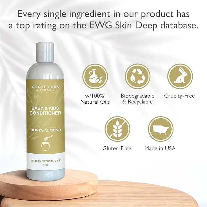 SoCal Suds & Company - Organic Baby & Kids Conditioner - Gentle Natural Vitamin Rich Ingredient Organic Oils for Babies and Kids Sensitive Scalp - 12oz (12 Fl Oz (Pack of 2), Honey Almond)