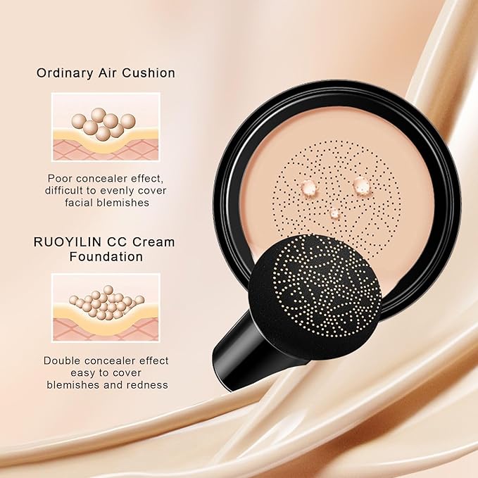 Mushroom Head Air Cushion CC Cream - BB Cream Face Makeup for Mature Skin, Moisturizing Cover Balm Foundation & Long-Lasting Color Correcting Concealer, Even Skin Tone for All Skin Types (Ivory)