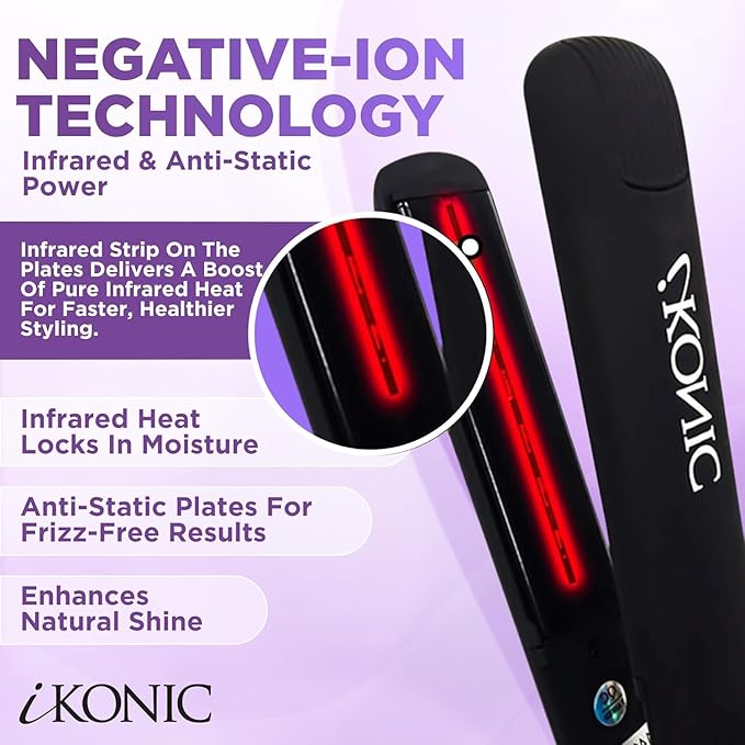 IKonic 100% Tourmaline Ceramic Hair Straightener & Curler, Anti-Static Infrared Ionic 2-in-1 Dual Voltage Flat Iron, 1” Floating Plates, Temp 140–450°F, Frizz-Free & Fast Heat Hair Iron (Pack of 2)