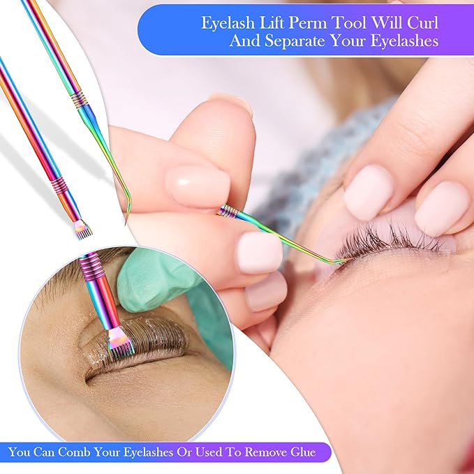 Chumia 2 Pcs Lash Lift Tool, Lash Separator Tint Stainless Steel Metal Lift Rods Beauty Tool with Comb for Eyelash Eyebrow Perming Tinting Curling Extensions Supplies(Multi Color)