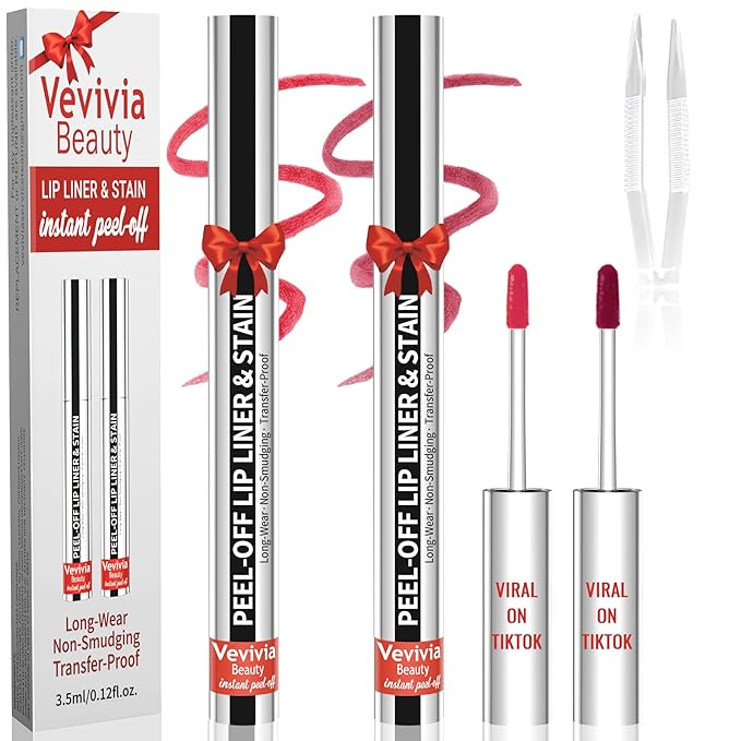 2pcs Lip liner Stain Peel Off,Lip Stain Waterproof Long Lasting,2-in-1 Lip Liner with Tweezer,Non-Fading Peel Off Lip Color,Stay On All Day,Perfect for Gift ,Highly Pigmented Color(Nude+Mauve)