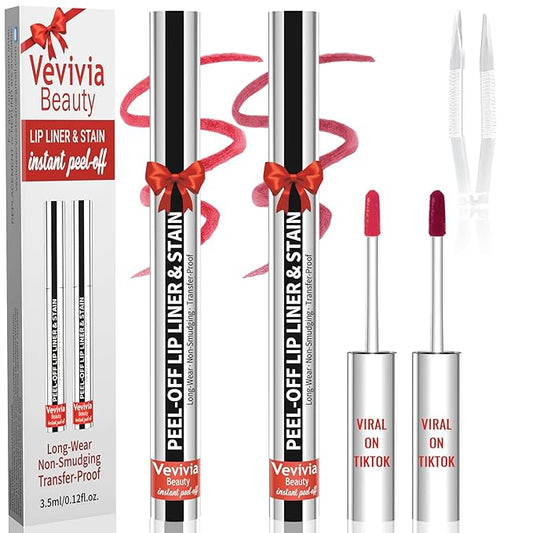 2pcs Lip liner Stain Peel Off,Lip Stain Waterproof Long Lasting,2-in-1 Lip Liner with Tweezer,Non-Fading Peel Off Lip Color,Stay On All Day,Perfect for Gift ,Highly Pigmented Color(Nude+Mauve)