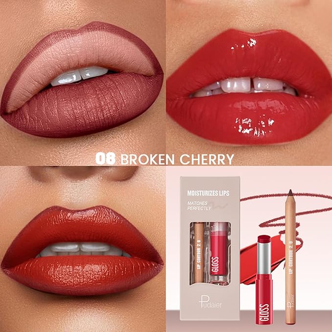 2Pcs Lipstick and Lip Liner Combo, Lip Liner and Lip Gloss Kit for Women, Matte Lip Pencil and Smooth Hydrating Lipstick with Sharpener, Non-Stick Lip Makeup Set