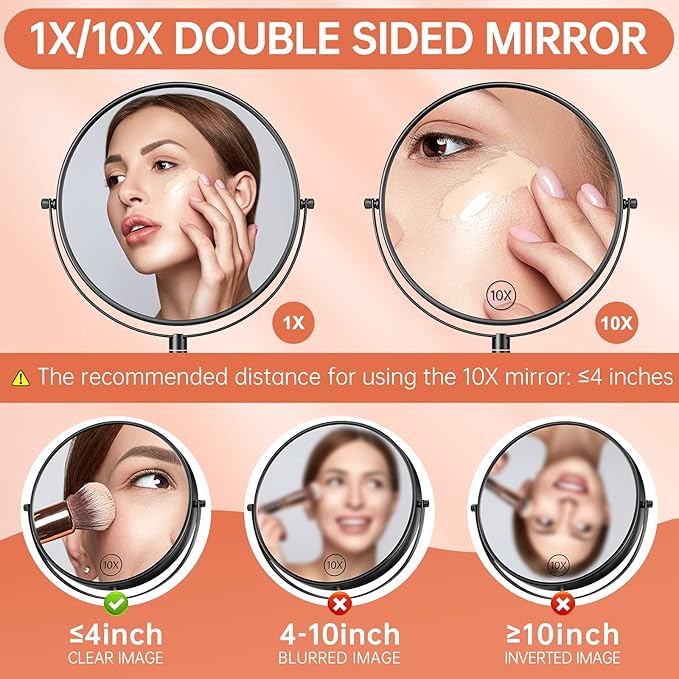 Benbilry 9" Large Size Wall Mounted Makeup Mirror, 1X/10X Magnifying Double Sided Shaving Mirror for Bathroom, 360° Swivel Extendable Arm, Black