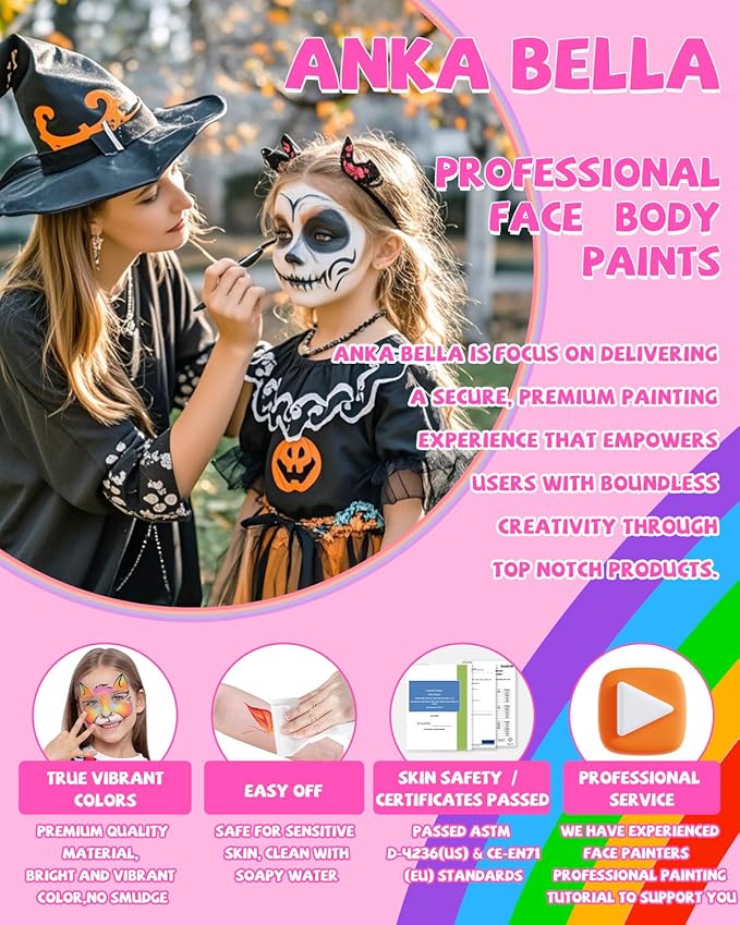 Anka Bella Professional Face Painting Kit for Kids,8X10gm Water Based Split Cake Face and Body Paint with Brushes,Hypoallergenic & Non-Toxic,Gift for Birthday Parties/Halloween/Carnival