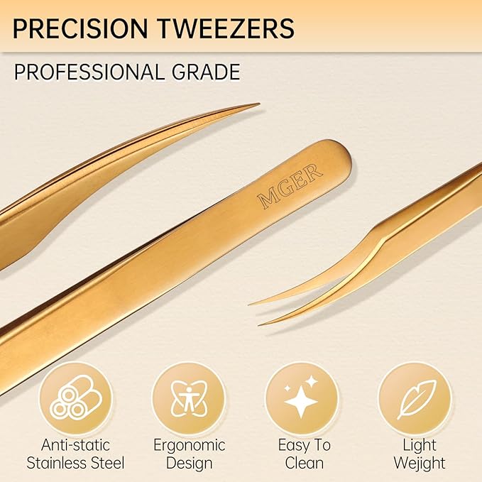 MGER Lash Tweezers for Eyelash Extensions, Professional Hand Calibrated Dolphin tip Tweezers&eyelash tweezers for lash extensions, isolation tweezers eyelash extensions, Gold