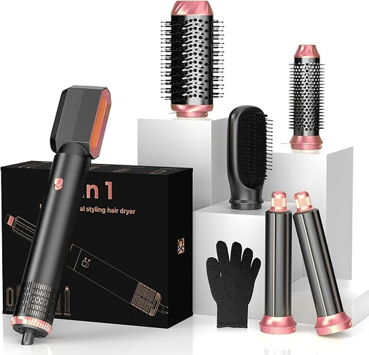 6 in ONE Hair Dryer Brush, Blow Dryer Curling Wand Hair Styling Tools Set, Ionic Hot Air Massage Oval Blowout Hair Dryer, Left&Right Hair Styler 100-120V