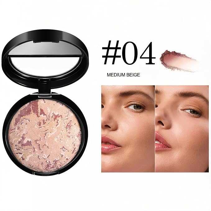 MAEPEOR Baked Setting Powder Brighten Color Correcting Powder Foundation Natural Smooth Lightweight Oil-Control Pressed Foundation (04 Medium Beige)