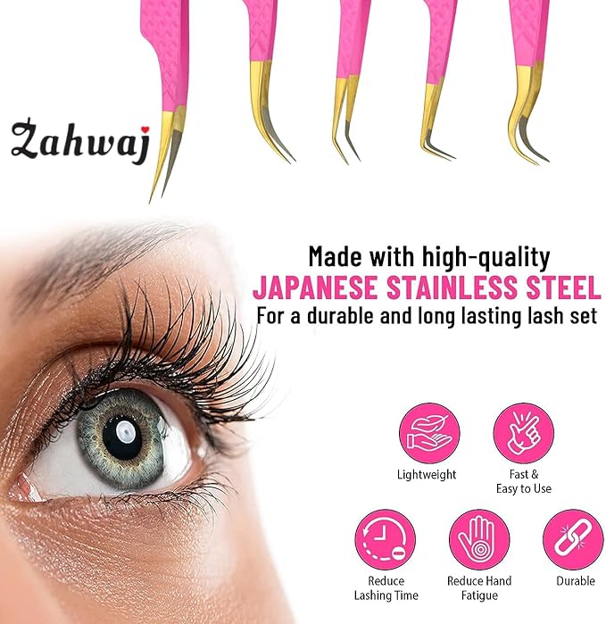 Lash Tweezers - Set of 5 Diamond Grip Eyelash Tweezers - Stainless Steel Professional Fiber Tip Lash Tweezer for Eyelash Extensions (Pink)
