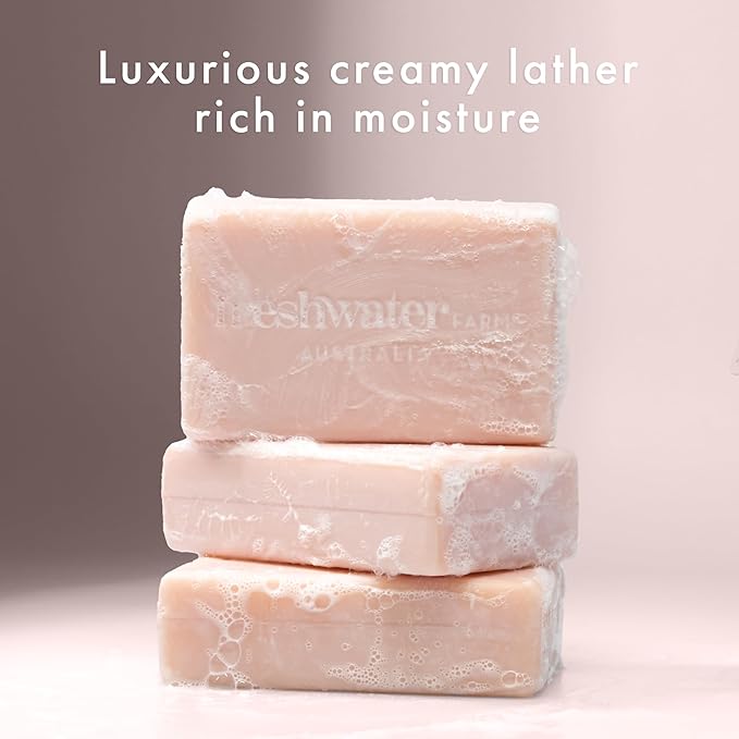 Freshwater Farm Australia Castile Natural Bar Soap | Rosewater + Pink Clay | Australian Made + Family Owned | Triple-Milled with Australian Pink Clay | Recyclable Paper Wrap | 200g x 8pk