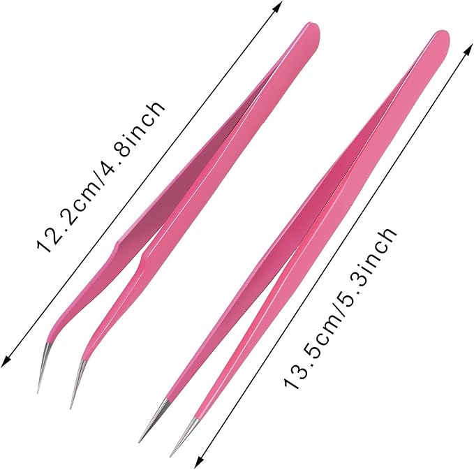 Hotop 2 Pieces Straight and Curved Tip Tweezers Eyelash Extension Tweezers, Stainless Steel False Lash Application Tools (Pink)