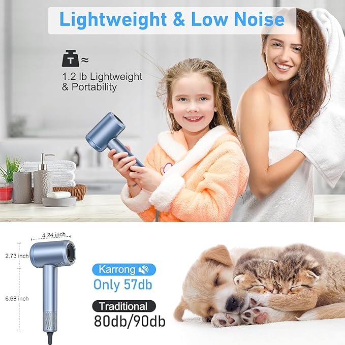 Hair Dryer, 150000 RPM High-Speed Brushless Motor Negative Ionic Fast Drying Blow Dryer with LCD Display, 4 Temps & 3 Speeds and 2 Magnetic Nozzle Hairdryer for Woman Kids Salon