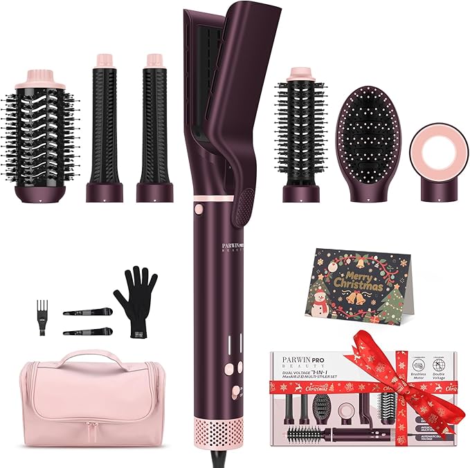 7-in-1 Hot Air Styler, Dual Voltage MaxAIR 2.0 Multi-Styler Set, High Speed Hair Dryer Brush with Air Hair Straightener, 1.1 Inch Auto-Wrap Curlers, 110,000RPM, Christmas Edition, Jasper Plum