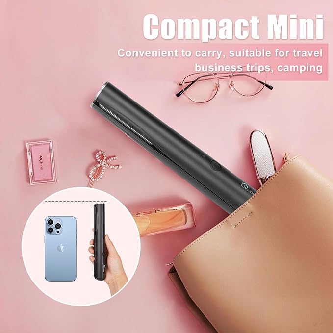Mini Portable Cordless Hair Straightener,USB Rechargeable，Rapid Heating can Work continuously for 40 Minutes,Wireless Curling Iron for Travel (Black)