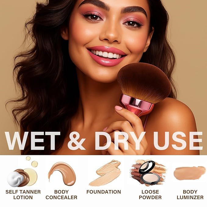 Extra Large Body Makeup Brush For Self Tanner, Leg Makeup &Bronzer Blend,90 mm Wide-headed Kabuki Brush Provides More Even &Pretty Application, Oval Face&Back Makeup Brush, Wet&Dry Use- Pink Rose Gold