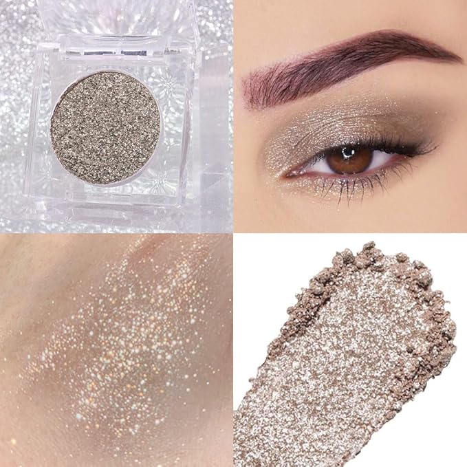 Glitter Shimmer Sparkle Eye Shadow Palette Makeup for Women, Shimmer Gray Brown Glitter Metallic Holographic Iridescent Cream Iridescent Single Monochrome Eyeshadow Makeup