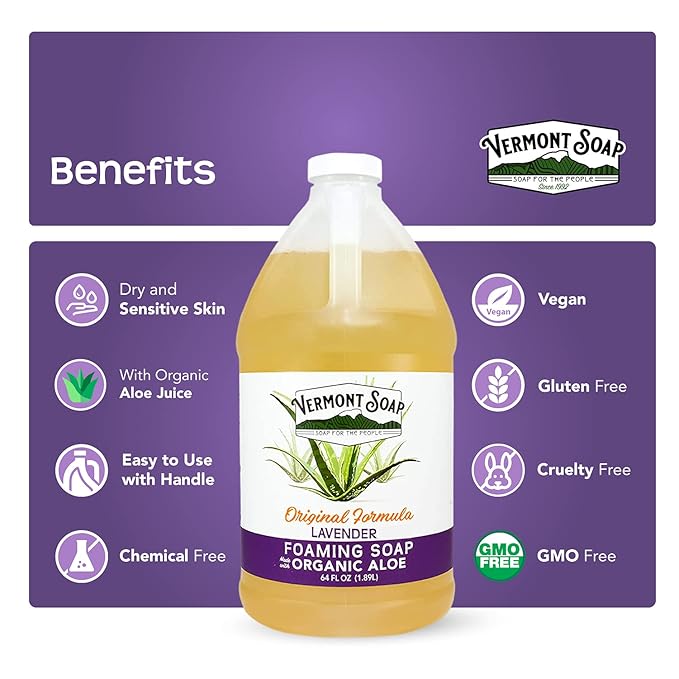 VERMONT SOAP Organic Lavender Foaming Hand Soap - Natural Moisturizing Soap for Dry Skin - Fragrance Free Liquid Bathroom Hand Soap - Lavender- 64 oz