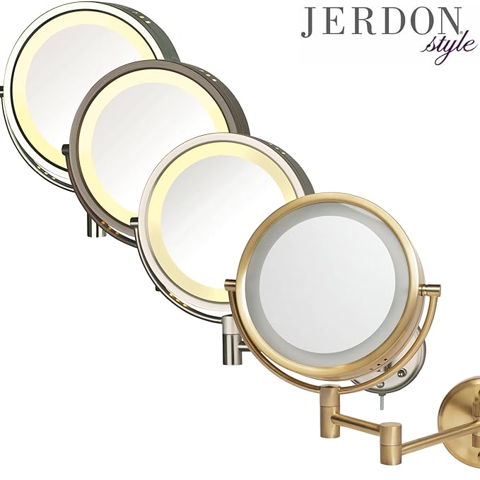 JERDON Wall-Mounted Makeup Mirror with LED Light - Direct Wire Lighted Makeup Mirror with 8X Magnification - 8.5-inch Diameter Mirror with Gold Finish Wall Mount - Model HL75BGD