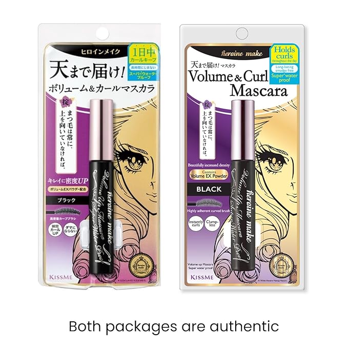 HEROINE MAKE by KISSME Volumizing Mascara Waterproof & Curvy Brush for Eye Makeup | Waterproof Mascara Volume & Length by Defining Fiber for Long-lasting Natural Eyelash Look, from Japan, Black, 2 EA
