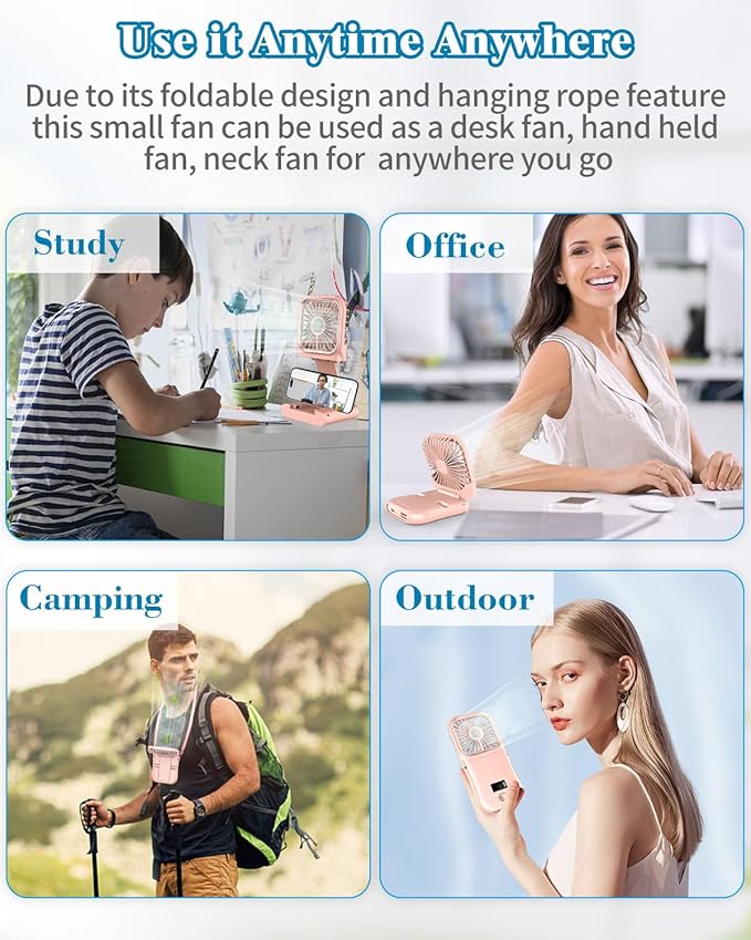 Hand Held Fan Rechargeable,Mini Fan Portable Fan Battery Powered Fan with 3 Speed, Table Fan Small Desk Fan, Cordless Personal Fan, 180°Folding Hand Fan Summer Gifts for Women Girls Kids Pink