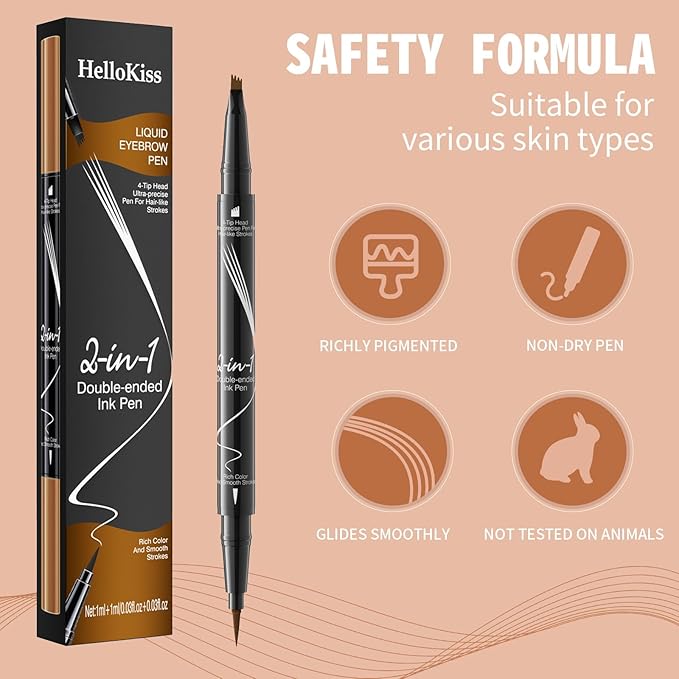 Eyebrow Pen, 2-in-1 Dual-Ended Microblading Eyebrow Pencil, Magical Faux Brow Pen with 4-Fork-Tip & Precise Brush-Tip Create Natural Hair-Like Brow, Waterproof, Stay on All Day, Dark Brown
