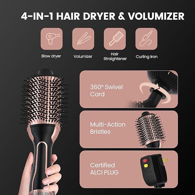 PRITECH 1000W Dual Voltage Ceramic Ionic Hair Dryer Brush,4-in-1 Hot Air Styler & One Step Volumizer for Straight & Curly Hair Salon (110-120V/220-240V),Black Gold