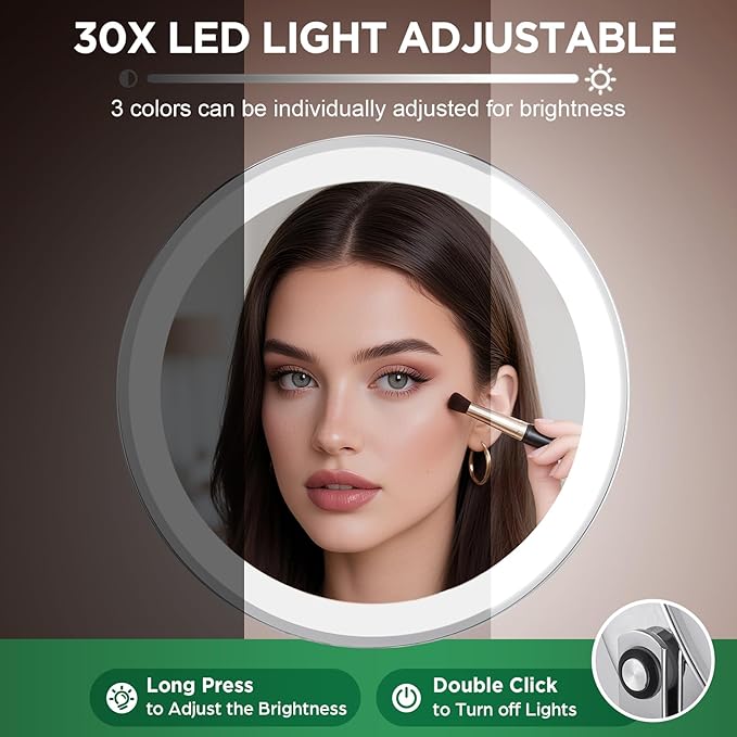 30x Magnifying Mirror, Lighted Makeup Mirror with 3 Colors Modes & Adjustable Brightness, 5000mAh Rechargeable, 360° Rotation Double Side, Large Magnifying Vanity Mirror, Gifts for Women