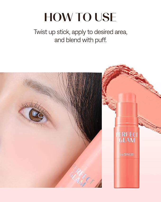 THESAEM Perfect Glam Stick Blusher with Blending Sponge CR01 Apricot Milk - Milky Peach Color Cream Blush Stick Balm for Cheeks - Silky Smooth Formula with Natural Dewy Finish, 0.2oz.