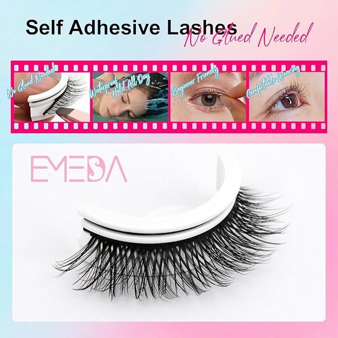 Self Adhesive Lashes False Eyelashes - Update More Stronger Pre-glued Natural Cat Eye Wispy Fake Lashes Press on EyeLashes Waterproof No Glue Needed D Curl Reusable Fluffy by EMEDA(12mm 07)