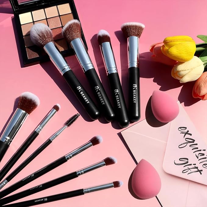 BEAKEY Makeup Brushes Set, Professional Foundation Eyeshadow Concealer Blush Powder Bronzer Applicator, 2 Blender Sponge with Beauty Paper Case stocking stuffers
