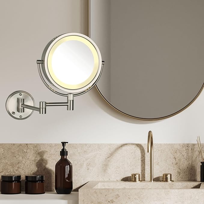 JERDON Wall-Mounted Makeup Mirror with LED Lighting - Direct Wire Lighted Makeup Mirror with 8X Magnification & Nickel Finish Wall Mount - Model HL75ND