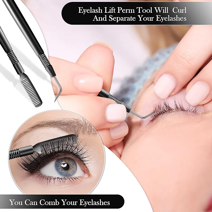 Chumia 2 Pieces 2 in 1 Lash Lift Tool Eyelash Separator Tool with Comb Stainless Steel Metal Lash Perm Lift Rods for Eyelash Eyebrow Comb Perming Tinting Curling Extension Supplies(Black)
