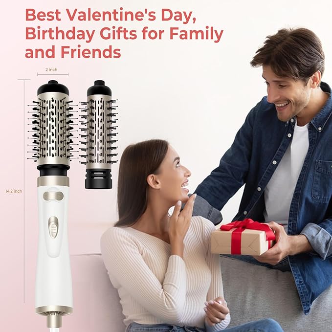 Hair Dryer Brush, 3-in-1 Rotating Round Hot Air Spin Brush Set with 2 Brushes (2" & 1.5"), Negative Ionic Blow Volumizer, 2 Detachable Auto-Rotating Curling Brush 100-120V (White Gold)