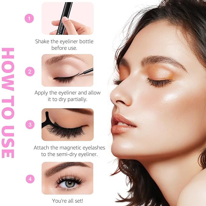 Magnetic Eyelashes with Eyeliner Kit – Natural Look, Reusable & Easy to Apply Fake Eyelashes for Beginners, Magnetic Lashes with Applicator, Waterproof & Long-Lasting
