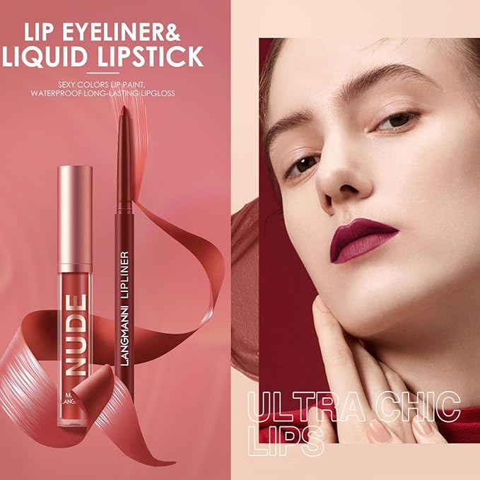 LANGMANNI 4pcs Matte Lipstick with Lipliners Durable Makeup Set,Long-Lasting Non-Stick Cup Not Fade Waterproof Pigmented Velvet Lipgloss Kit Beauty Cosmetics Makeup Gift for Girls(#1+2+8+11)