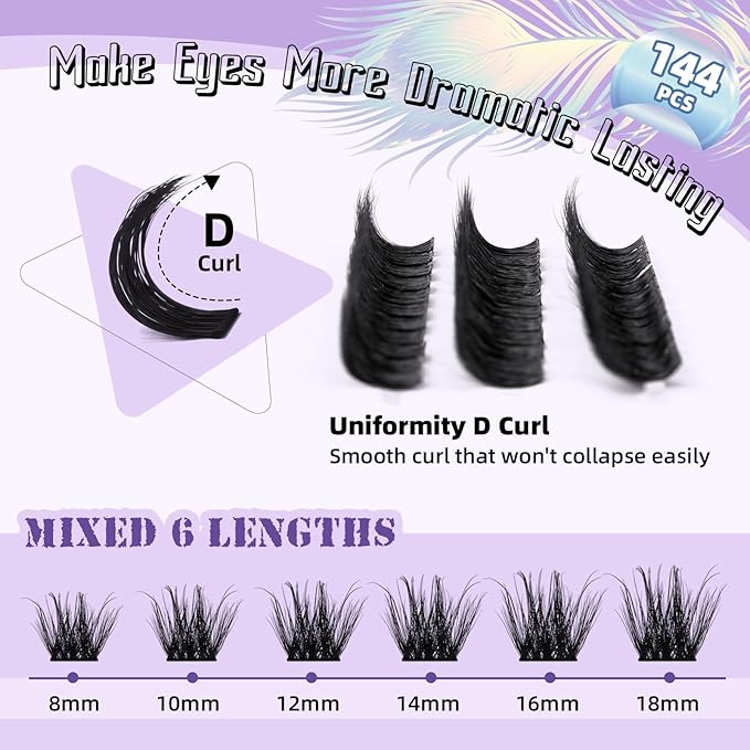 B&Q Lash Extension Kit F03 Eyelash Extension Kit 144 PCS Ultralight Eyelash Clusters Lash Clusters Kit 8-18MIX DIY Ultra-Soft False Eyelashes at Home with Lash Applicator Tools (Kit，F03)