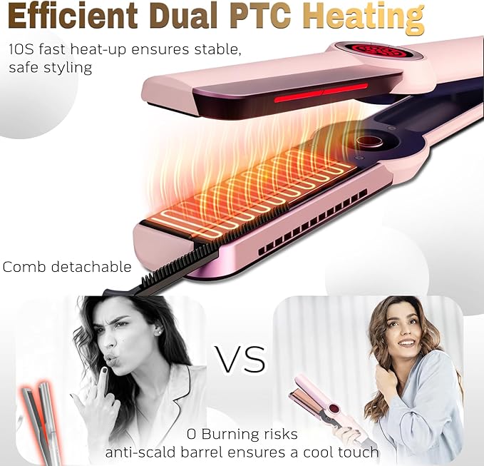 Flat Iron Hair Straightener and Curler 2 in 1-Curling Iron for Lasting Curls,360°Anti-Scald Ionic Curling Wand,Rapid 30-Second Heat-Up,Auto Shutdown & LED Display for All Hair Types (Pink)