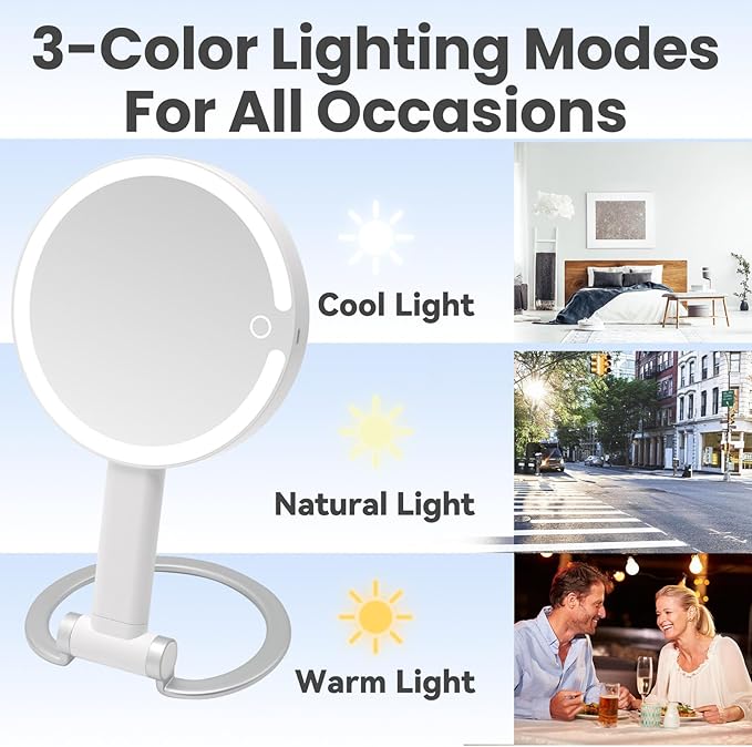 Portable Travel Makeup Mirror with Lights - 3 Color Dimmable Lights, 360° Rotation, Rechargeable Double-Sided 1X/10X Magnifying Mirror, Adjustable Brightness for Tabletop, Home & On-the-Go Use