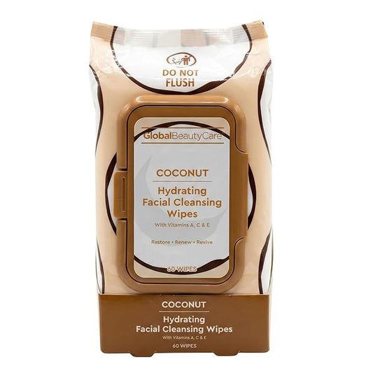 Global Beauty Care Hydrating Makeup Remover Wipes - Gentle Daily Facial Cleansing Wipes for Sensitive Skin, Coconut Infused With Vitamin A, C, & E For Radiant Skin, Travel-Friendly, 60 Count (1-Pack)