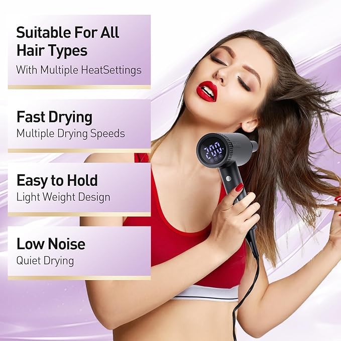 Hair Dryer, High-Speed Ionic Blow Dryer, Powerful 1600 Watt Motor for Fast Drying and Straight & Wavy Hair, Foldable, Lightweight Hairdryer with with Magnetic Suction Nozzle for Home Salon Travel