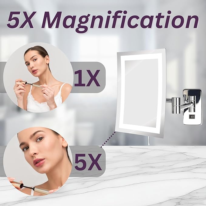 JERDON Rectangular Wall Mount Makeup Mirror - Direct Wire Makeup Mirror with 5X Magnification and LED Lights - Chrome Finish - Model JRT710CLD