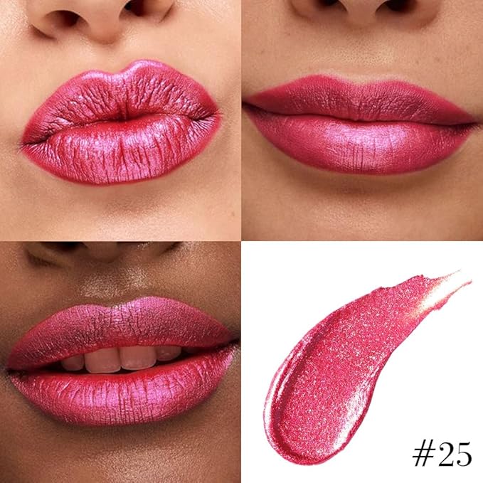 evpct Rose Red Metallic Glitter Lip Liner and Lipstick Combo Lip Gloss Stain Set Makeup for Women Long Lasting Waterproof 24, Rose Red Metallic Shimmer Frosted Iridescent Glossy Liquid Lipstick 25