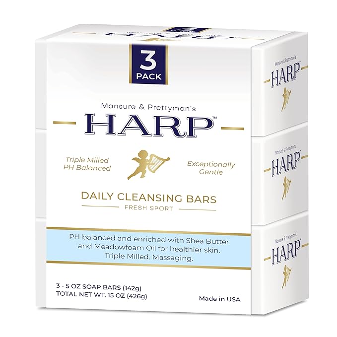 HARP® Fresh Sport Body Wash Bar – pH Balanced (5.0–6.0) Syndet Cleanser, Soap-Free & No Lye, Non-Comedogenic, Gentle for Sensitive & Dry Skin, With Shea Butter & Borage Oil. 3-5oz Bars.
