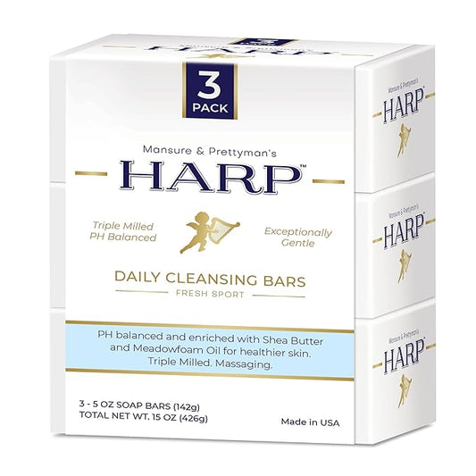 HARP® Fresh Sport Body Wash Bar – pH Balanced (5.0–6.0) Syndet Cleanser, Soap-Free & No Lye, Non-Comedogenic, Gentle for Sensitive & Dry Skin, With Shea Butter & Borage Oil. 3-5oz Bars.