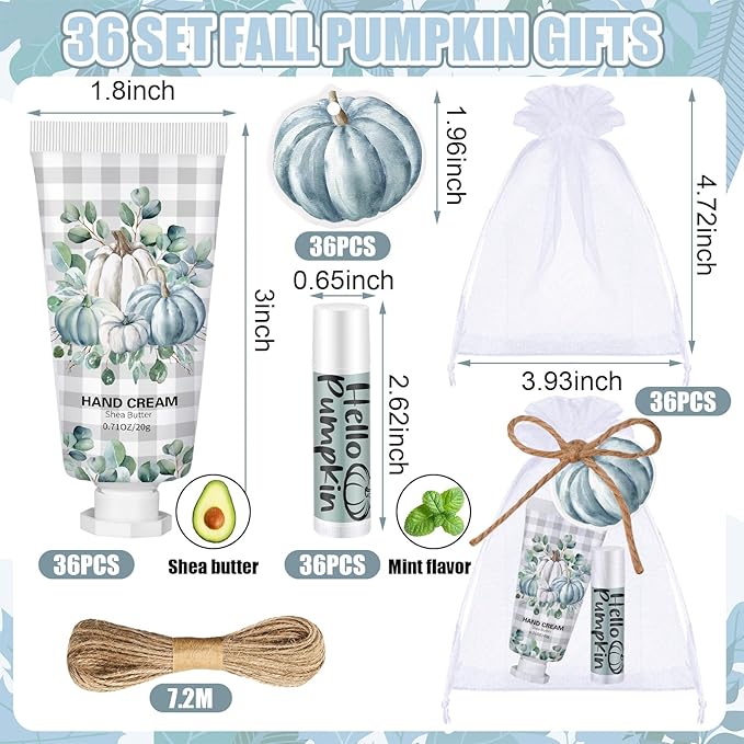 144 Pcs Fall Pumpkin Lip Balm Hand Cream Set Party Favors, Include 36 Blue Pumpkin Lip Balm 36 Moisturizing Hand Cream 36 Bags 36 Cards and Ropes for Autumn Accessories Gifts