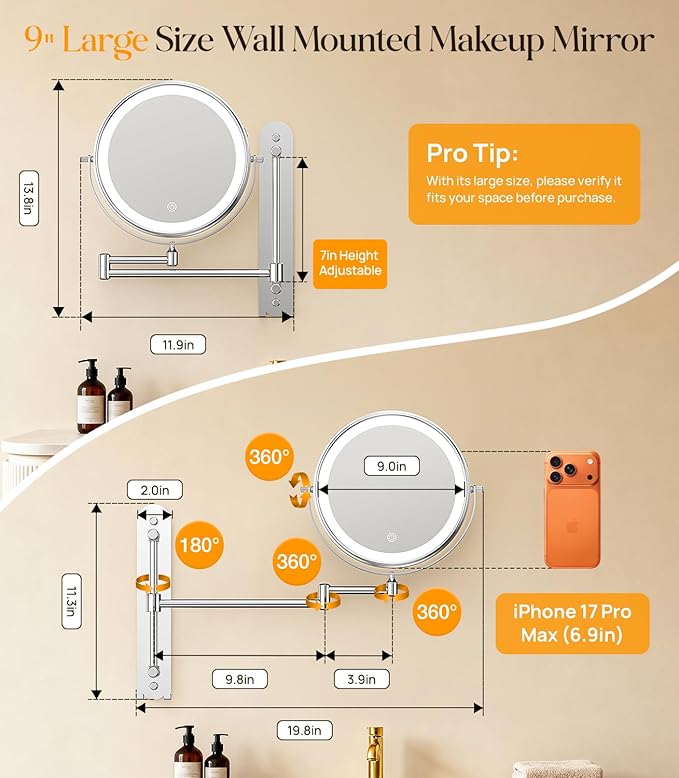Gospire 9” Wall Mounted Lighted Makeup Mirror with Magnification 10X, 7in Height Adjustable Vanity Lighted Mirrors for Bathroom Wall, 360° Extended Arm Shaving Wall Mirror with Lights - Chrome