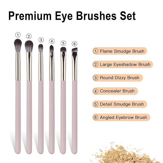 Eye Makeup Brush Set, 6Pcs Professional Blending Eyeshadow Makeup Brushes with Synthetic & Wood Handle Angled Eyebrow Brush Cruelty-Free & Vegan for Liquid, Cream, Powder Concealer Brows Eye shadows